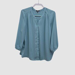 NYDJ XL Pintuck Blouse Light Blue T eal 3/4 Sleeve V-Neck 3215